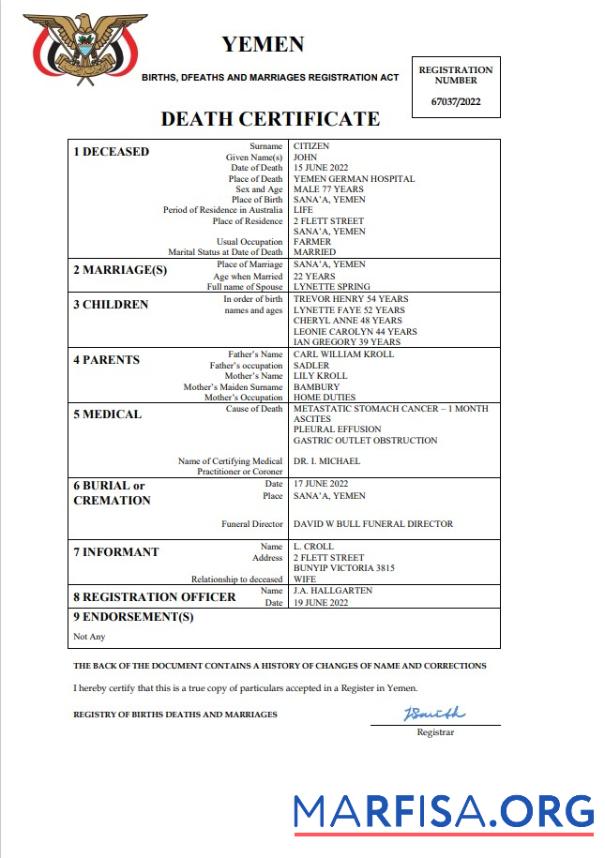 Downloadable Yemen death certificate Word and PDF template